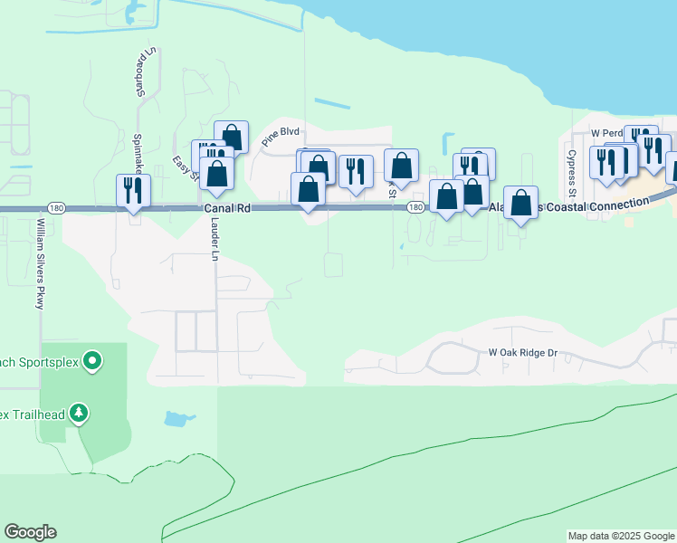 map of restaurants, bars, coffee shops, grocery stores, and more near 24830 Canal Road in Orange Beach