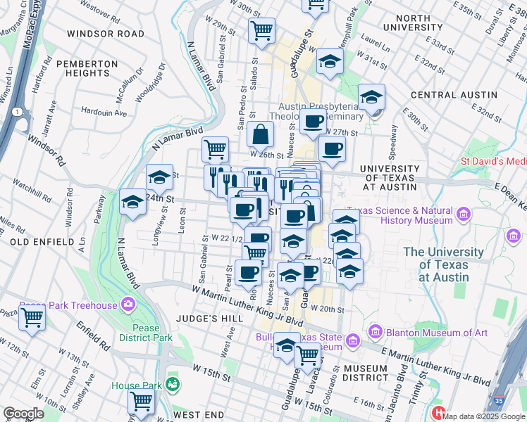 map of restaurants, bars, coffee shops, grocery stores, and more near in Austin