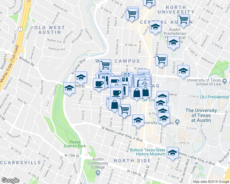 map of restaurants, bars, coffee shops, grocery stores, and more near 819 West 24th Street in Austin