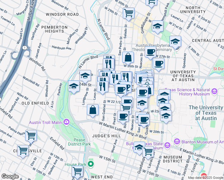 map of restaurants, bars, coffee shops, grocery stores, and more near 909 West 24th Street in Austin
