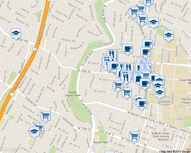 map of restaurants, bars, coffee shops, grocery stores, and more near 2317 Longview Street in Austin