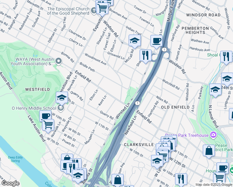 map of restaurants, bars, coffee shops, grocery stores, and more near 1515 Forest Trail in Austin