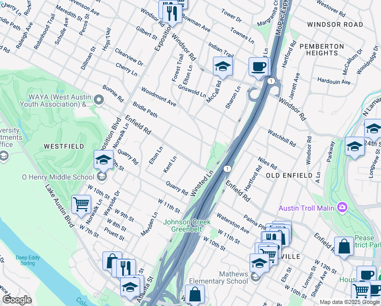 map of restaurants, bars, coffee shops, grocery stores, and more near 2210 Enfield Road in Austin