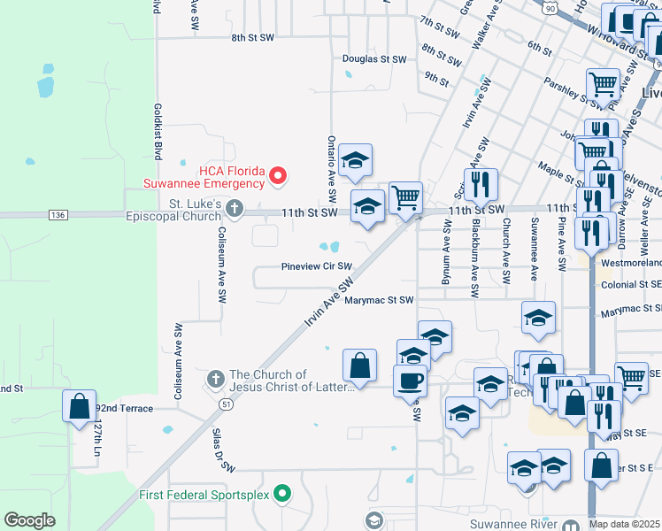 map of restaurants, bars, coffee shops, grocery stores, and more near 934 Pineview Cir SW in Live Oak