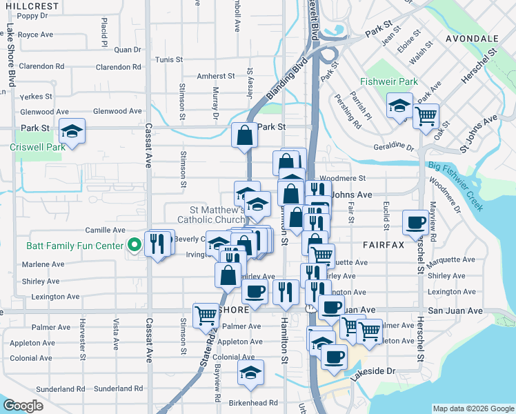 map of restaurants, bars, coffee shops, grocery stores, and more near 4570 Saint Johns Avenue in Jacksonville
