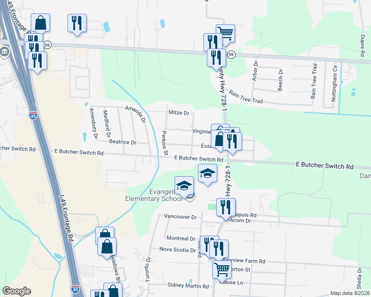map of restaurants, bars, coffee shops, grocery stores, and more near 200 Essen Drive in Lafayette