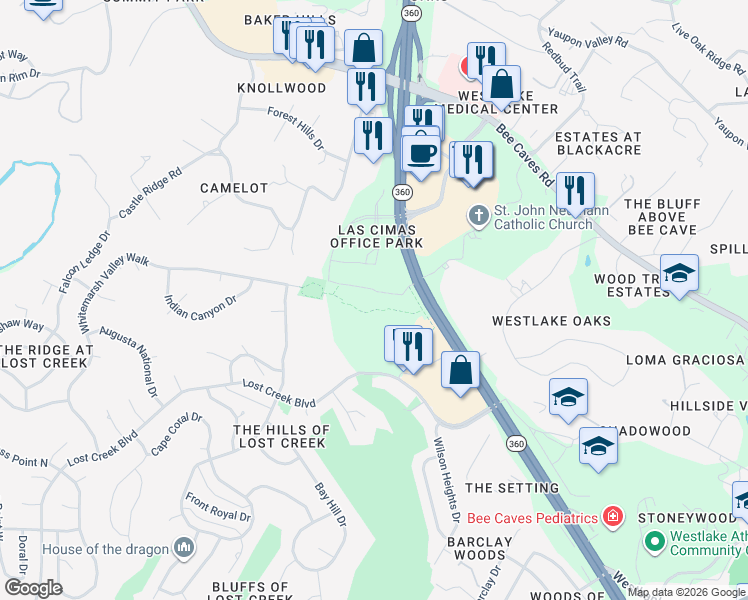 map of restaurants, bars, coffee shops, grocery stores, and more near 900 South Capital of Texas Highway in West Lake Hills