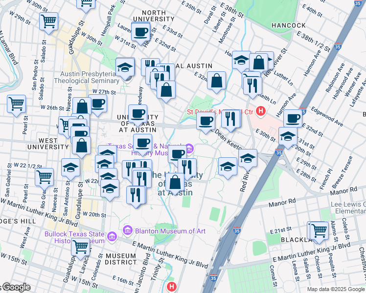 map of restaurants, bars, coffee shops, grocery stores, and more near 2401 San Jacinto Boulevard in Austin