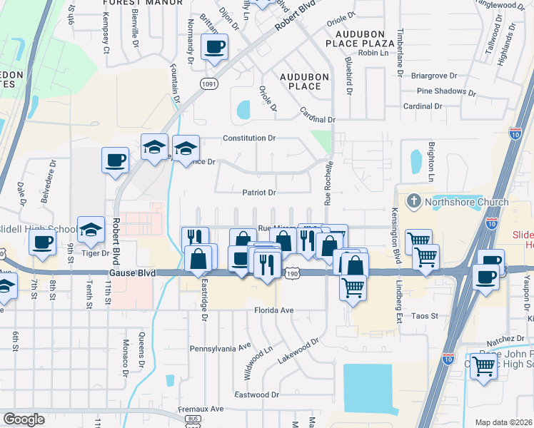 map of restaurants, bars, coffee shops, grocery stores, and more near 1020 Rue Bordeaux in Slidell