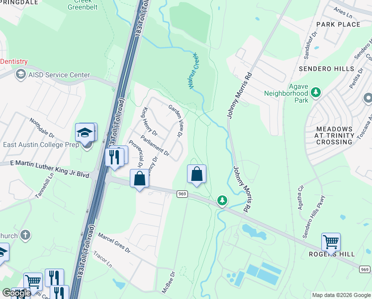 map of restaurants, bars, coffee shops, grocery stores, and more near 5303 Heritage Village Drive in Austin