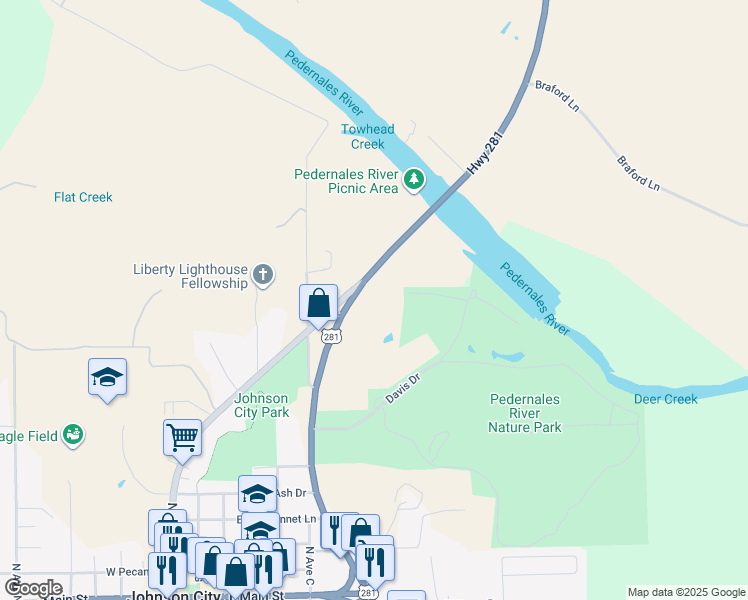 map of restaurants, bars, coffee shops, grocery stores, and more near 608 U.S. 281 in Johnson City
