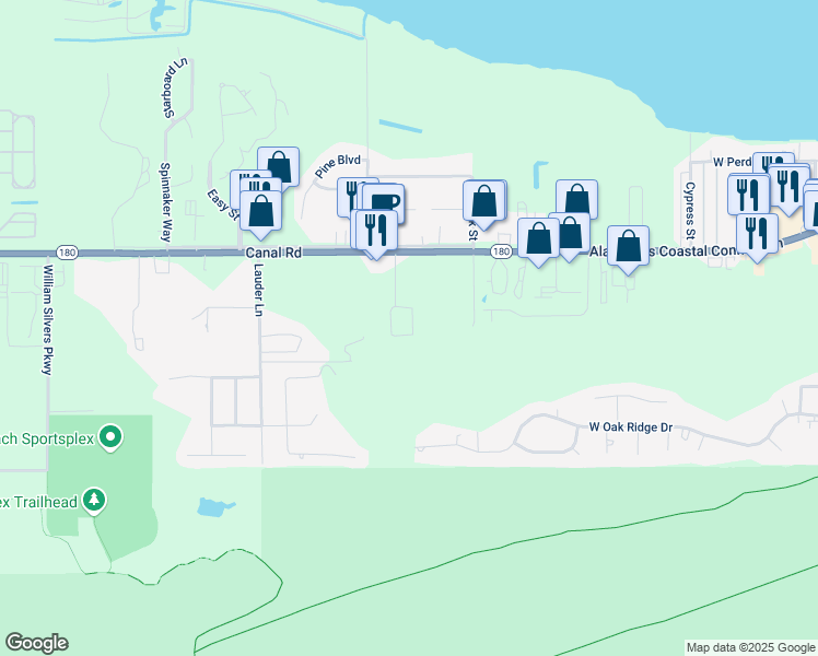 map of restaurants, bars, coffee shops, grocery stores, and more near 24802 Gulf Stream Circle in Orange Beach