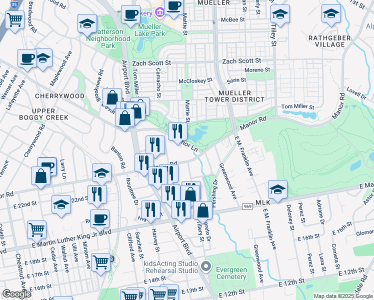 map of restaurants, bars, coffee shops, grocery stores, and more near 3300 Manor Road in Austin