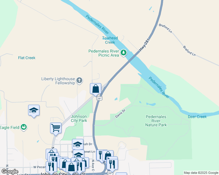 map of restaurants, bars, coffee shops, grocery stores, and more near 608 U.S. 281 in Johnson City
