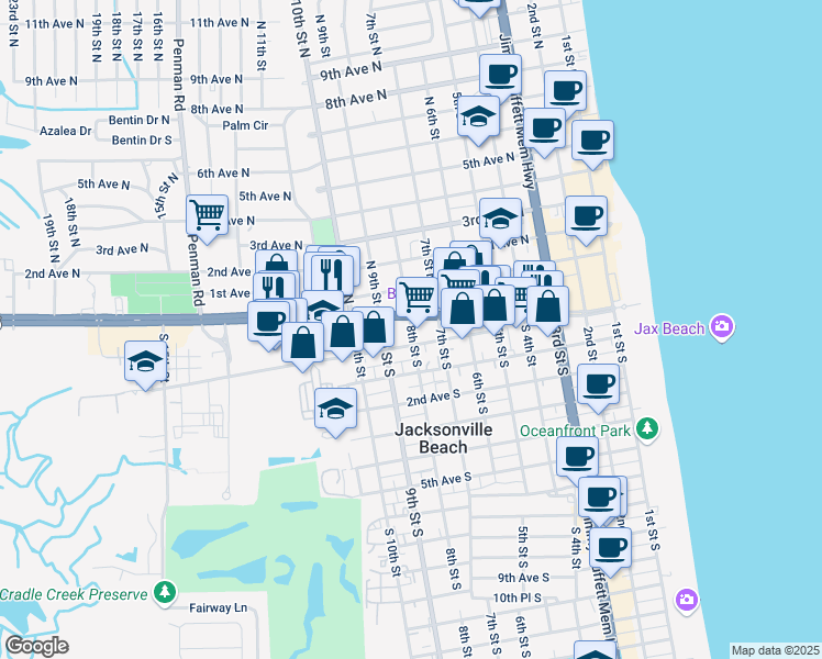map of restaurants, bars, coffee shops, grocery stores, and more near 22 8th Street South in Jacksonville Beach