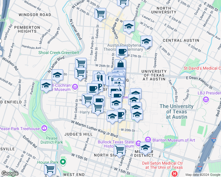 map of restaurants, bars, coffee shops, grocery stores, and more near W 24th St & Nueces St in Austin