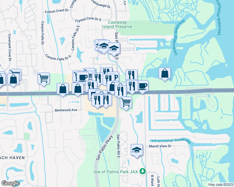map of restaurants, bars, coffee shops, grocery stores, and more near Beach Blvd & San Pablo Rd S in Jacksonville