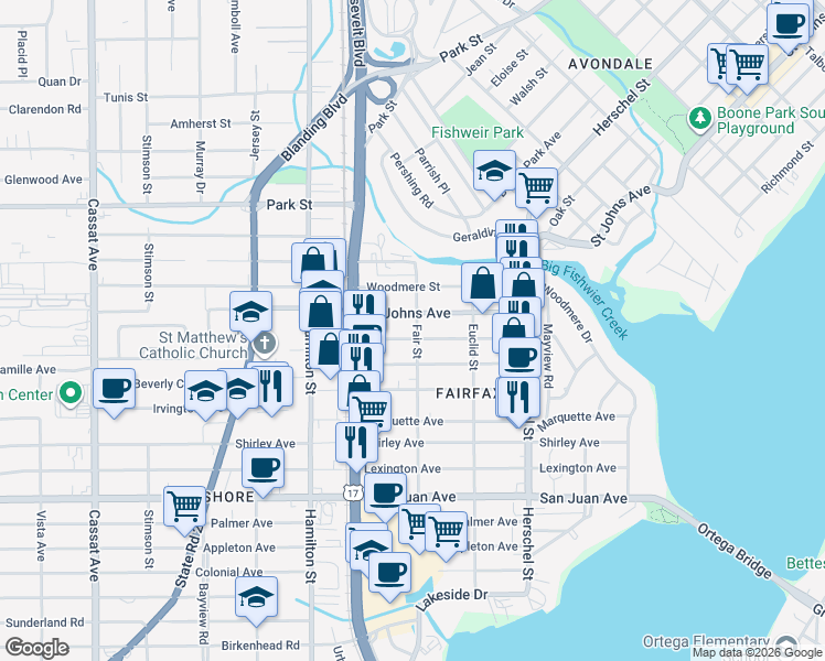 map of restaurants, bars, coffee shops, grocery stores, and more near 4420 Saint Johns Avenue in Jacksonville