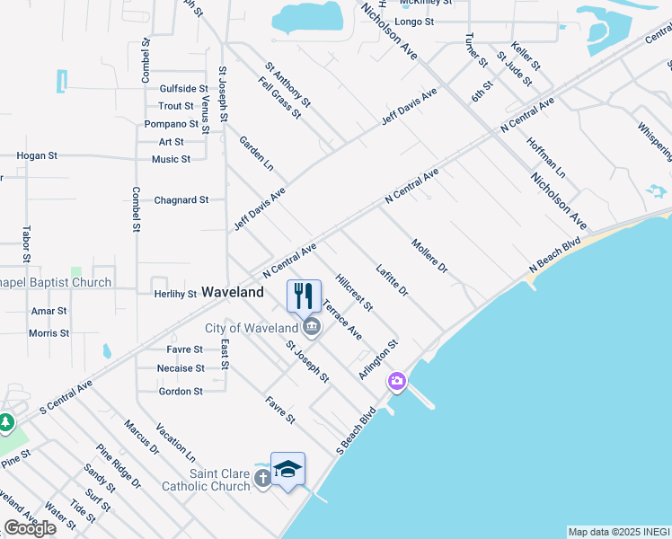 map of restaurants, bars, coffee shops, grocery stores, and more near 324 Hillcrest Street in Waveland