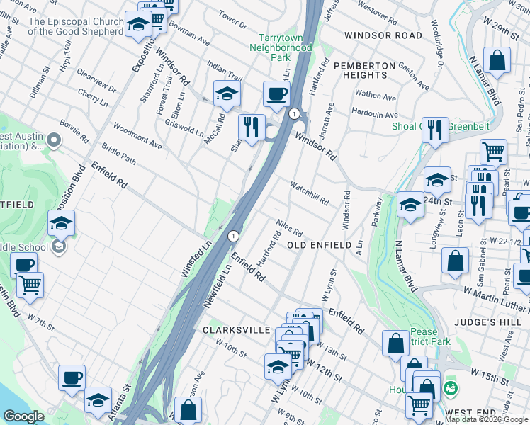 map of restaurants, bars, coffee shops, grocery stores, and more near 2105 Newfield Lane in Austin