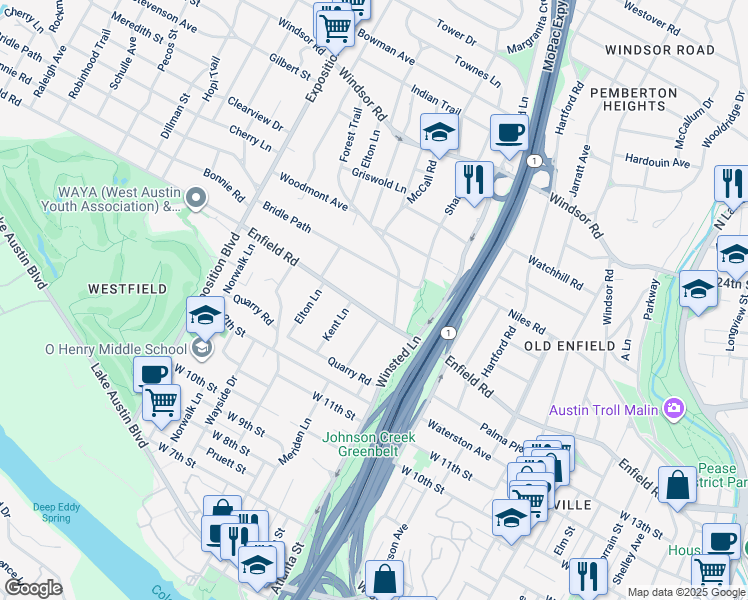 map of restaurants, bars, coffee shops, grocery stores, and more near 2210 Enfield Road in Austin