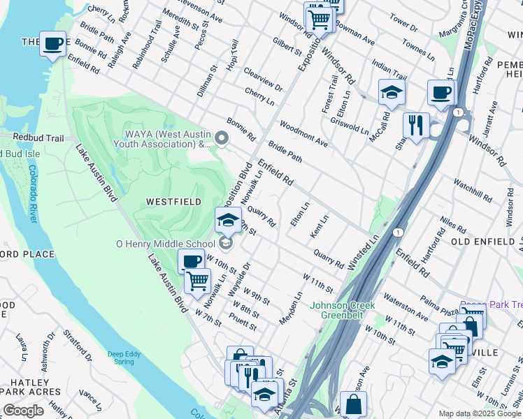 map of restaurants, bars, coffee shops, grocery stores, and more near 2508 Quarry Road in Austin