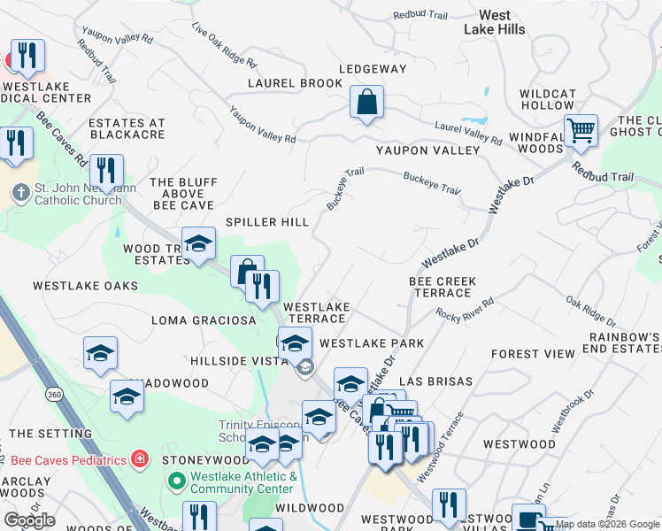 map of restaurants, bars, coffee shops, grocery stores, and more near 529 Buckeye Trail in West Lake Hills