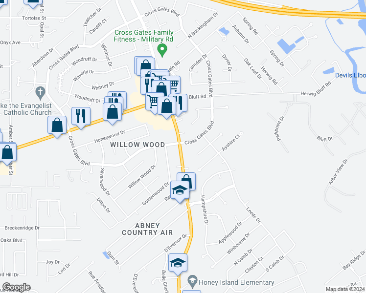 map of restaurants, bars, coffee shops, grocery stores, and more near 278 Cross Gates Boulevard in Slidell