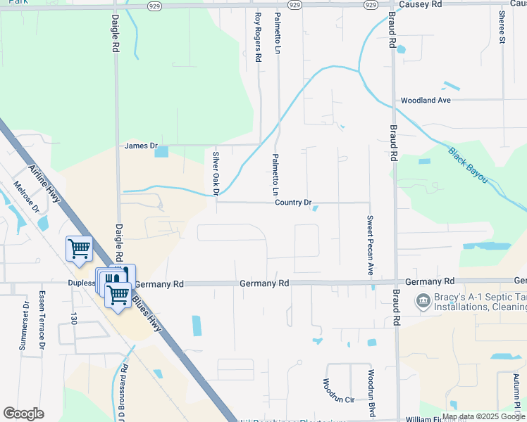 map of restaurants, bars, coffee shops, grocery stores, and more near 39191 Country Drive in Prairieville