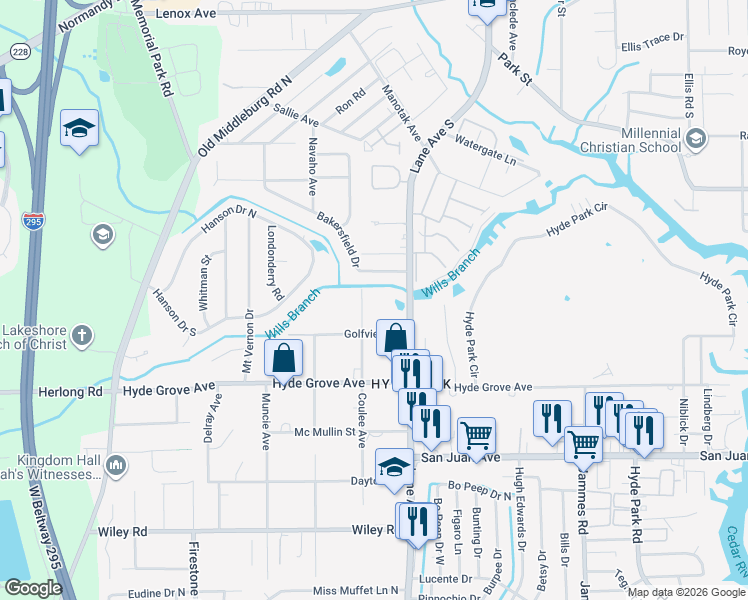map of restaurants, bars, coffee shops, grocery stores, and more near 1712 Coulee Avenue in Jacksonville