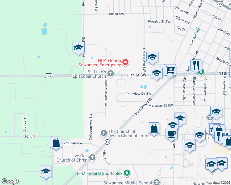 map of restaurants, bars, coffee shops, grocery stores, and more near 994 Pineview Circle Southwest in Live Oak