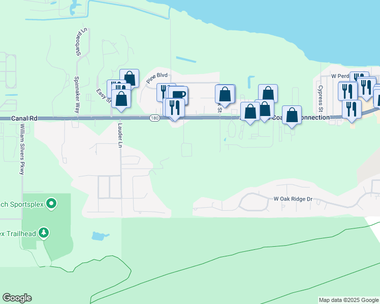 map of restaurants, bars, coffee shops, grocery stores, and more near 24830 Canal Road in Orange Beach