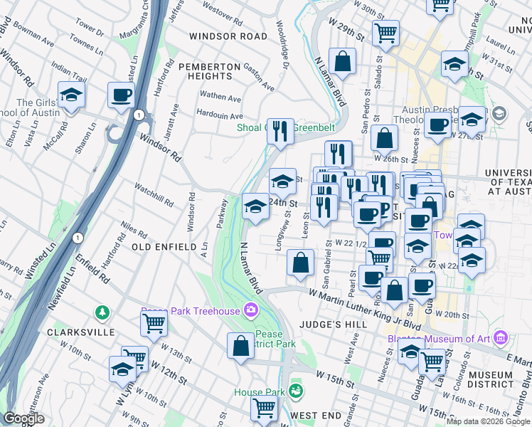 map of restaurants, bars, coffee shops, grocery stores, and more near 2312 Shoal Creek Boulevard in Austin