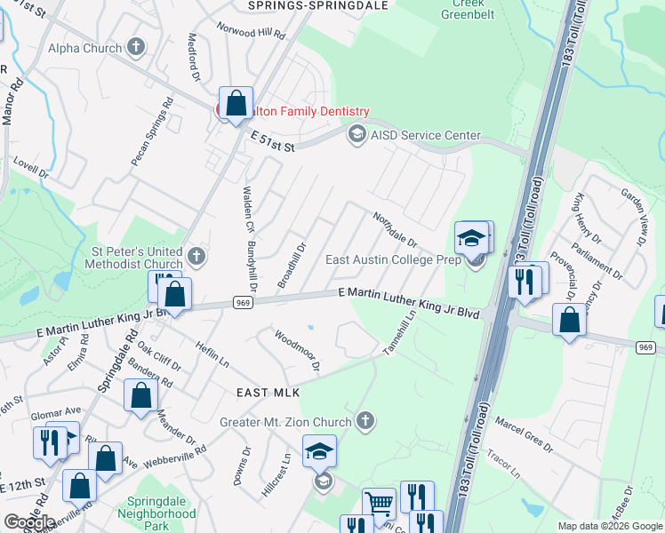 map of restaurants, bars, coffee shops, grocery stores, and more near 4710 Russet Hill Drive in Austin
