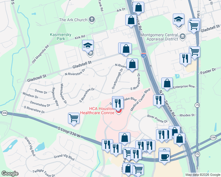 map of restaurants, bars, coffee shops, grocery stores, and more near 368 Scarborough Drive in Conroe