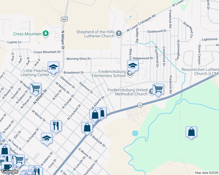 map of restaurants, bars, coffee shops, grocery stores, and more near 108 Broadmoor Drive in Fredericksburg