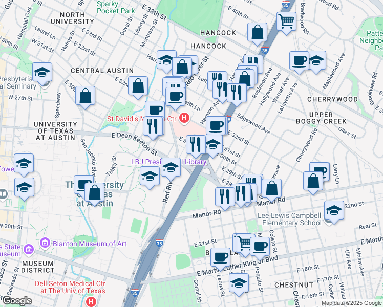 map of restaurants, bars, coffee shops, grocery stores, and more near 2900 Cole Street in Austin