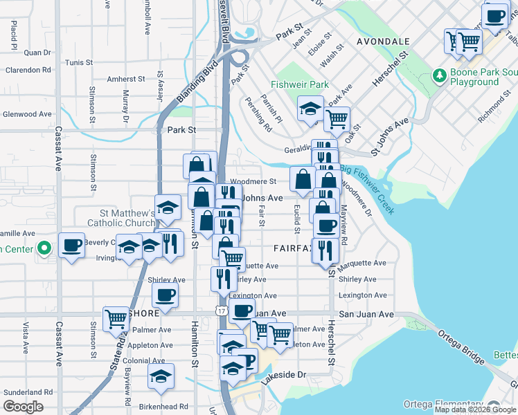 map of restaurants, bars, coffee shops, grocery stores, and more near 4420 Saint Johns Avenue in Jacksonville