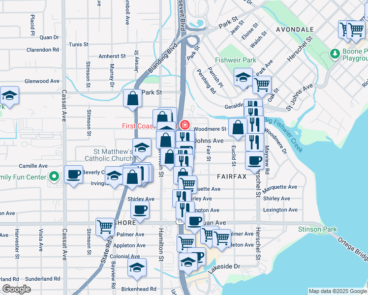 map of restaurants, bars, coffee shops, grocery stores, and more near 4225 Roosevelt Boulevard in Jacksonville