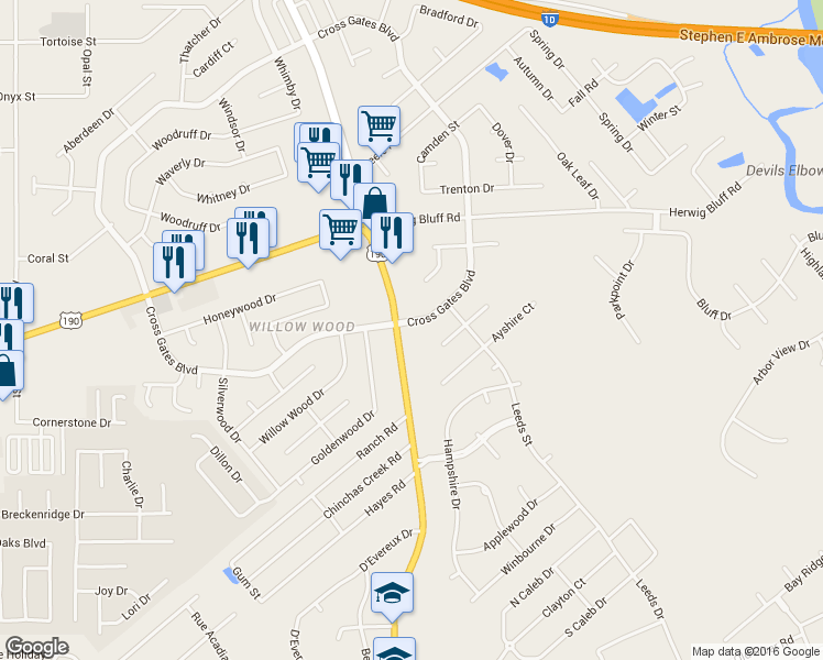 map of restaurants, bars, coffee shops, grocery stores, and more near 280 Cross Gates Boulevard in Slidell