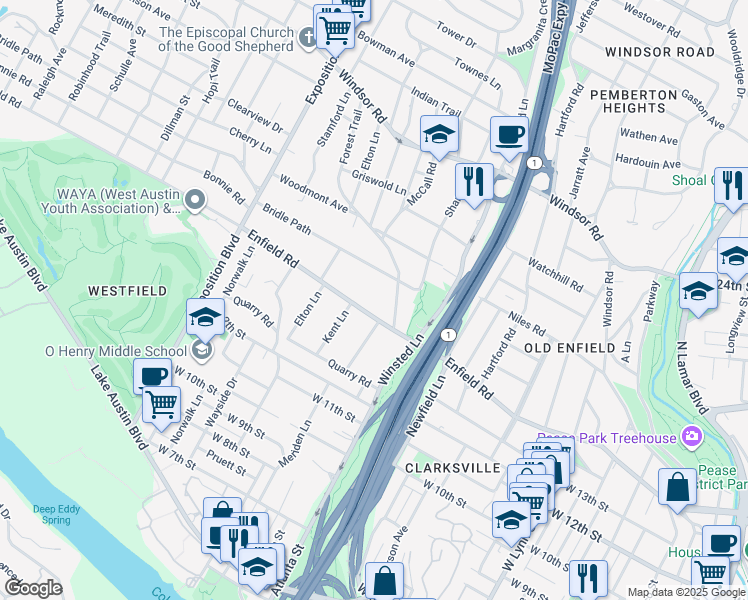 map of restaurants, bars, coffee shops, grocery stores, and more near 2204 Enfield Road in Austin
