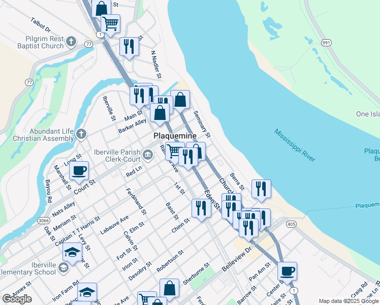 map of restaurants, bars, coffee shops, grocery stores, and more near 23725 Eden Street in Plaquemine