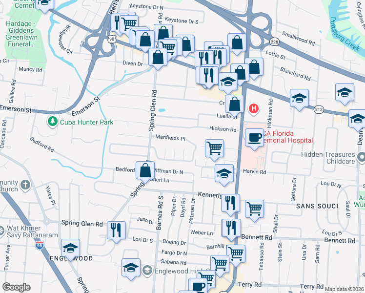 map of restaurants, bars, coffee shops, grocery stores, and more near 3706 Tully Court in Jacksonville