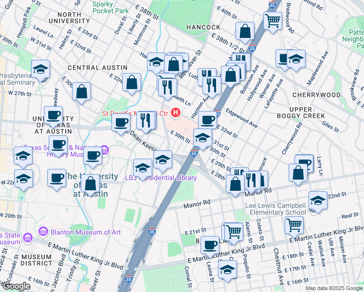 map of restaurants, bars, coffee shops, grocery stores, and more near 2900 Cole Street in Austin
