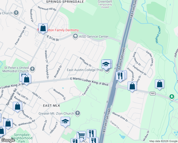 map of restaurants, bars, coffee shops, grocery stores, and more near 4905 Eastdale Drive in Austin