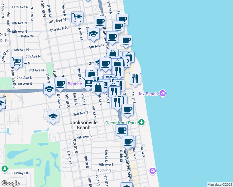 map of restaurants, bars, coffee shops, grocery stores, and more near 11 3rd St S in Jacksonville Beach
