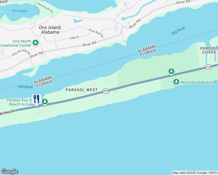 map of restaurants, bars, coffee shops, grocery stores, and more near 16286 Perdido Key Drive in Pensacola