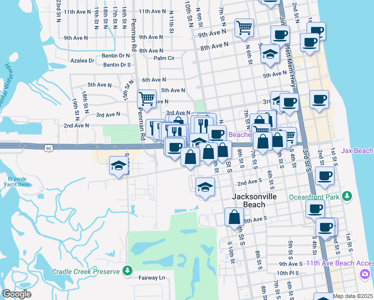map of restaurants, bars, coffee shops, grocery stores, and more near 1244 South 12th Street in Jacksonville Beach