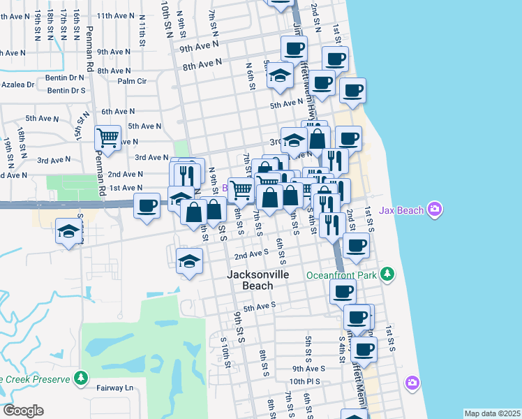 map of restaurants, bars, coffee shops, grocery stores, and more near 632 Beach Boulevard in Jacksonville Beach