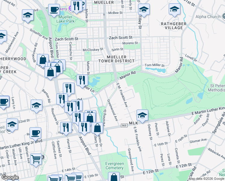 map of restaurants, bars, coffee shops, grocery stores, and more near 3501 Manor Road in Austin